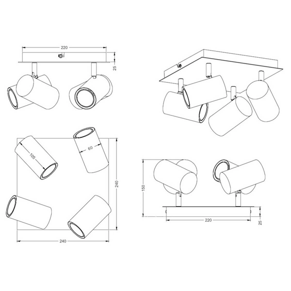 Regulowany plafon MARLEY 802430401 Trio tubki rurki do kuchni biały