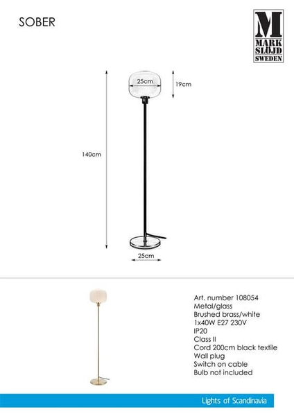 Podłogowa lampa stojąca Sober szklany abażur mosiądz biały