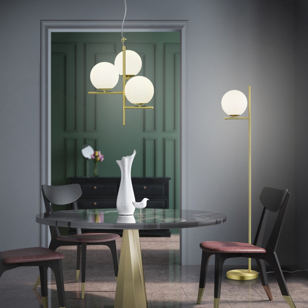 Modernistyczna LAMPA podłogowa NYXIS DL108402000 Trio metalowa OPRAWA stojąca szklana kula mosiądz biała