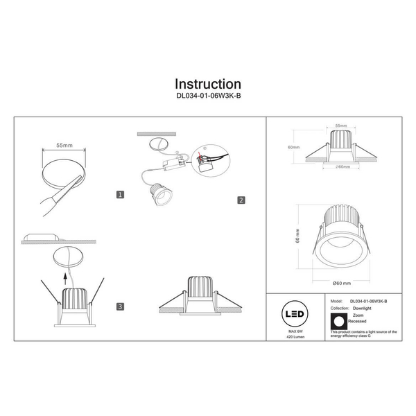 Podtynkowa lampa Zoom DL034-01-06W3K-B LED 6W 3000K IP65 balkonowa czarna
