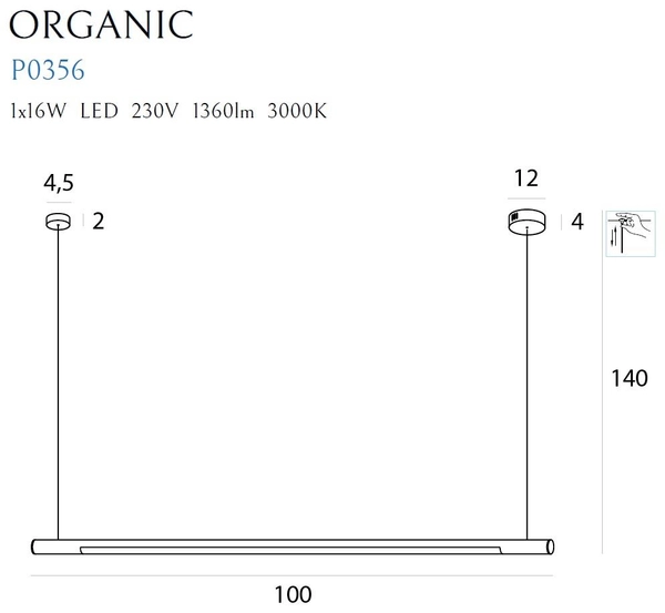 LAMPA wisząca ORGANIC P0356 Maxlight podłużna OPRAWA metalowy ZWIS listwa LED 16W 3000K belka złota