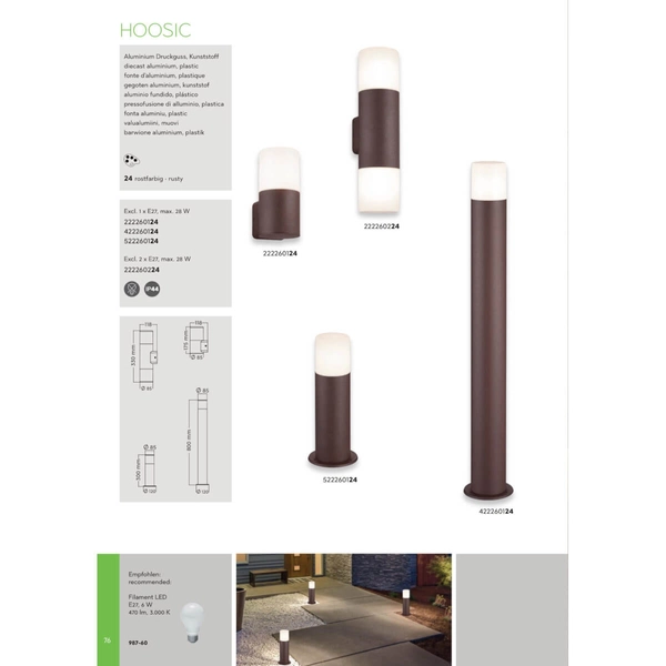 Elewacyjna lampa ścienna HOOSIC 222260124 IP44 tuba miedziany