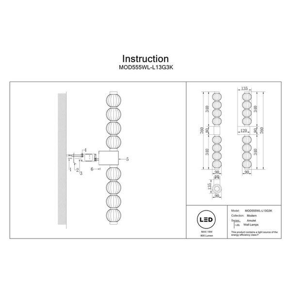 Ścienna lampa Amulet MOD555WL-L13G3K LED 19W 3000K złoty przezroczysty