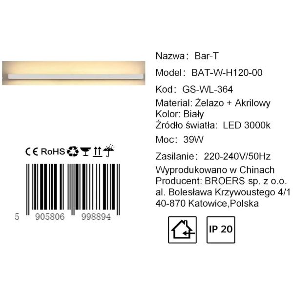 Podłużny kinkiet ścienny BAR T CGBART120WH LED 39W 3000K czarny