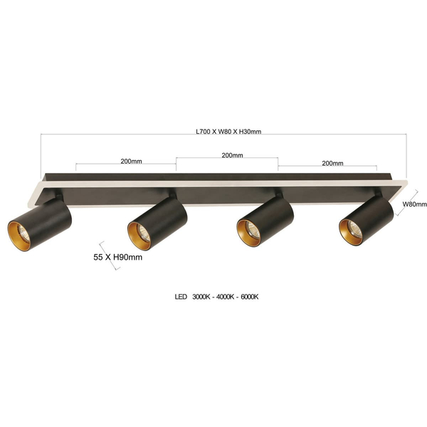 Reflektorki sufitowe Parma LP-0612/4C BK Light Prestige LED 50W 3000-6000K czarne