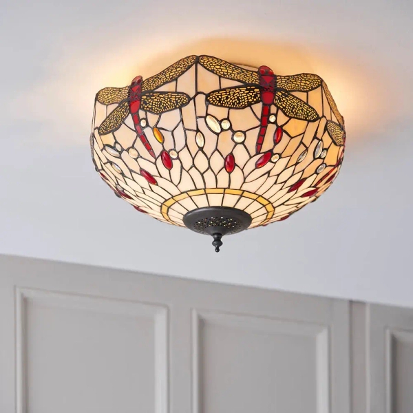 Sufitowa lampa tiffany Dragonfly 70723 witraż do jadalni beżowa kolorowa