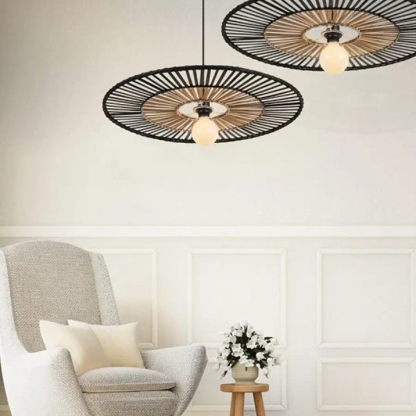 Bambusowa lampa wisząca 19105 okrągła do jadalni nad stół czarny