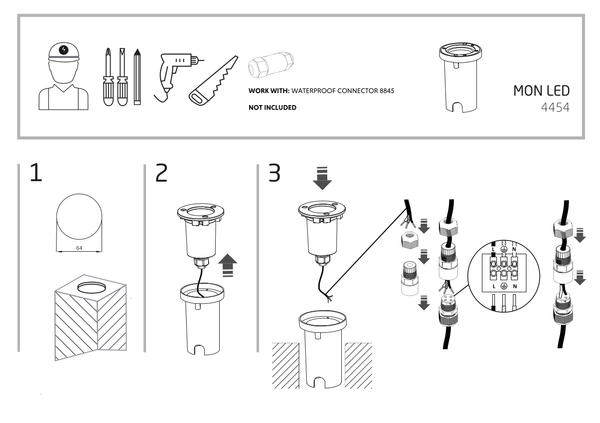 Zewnętrzna lampa gruntowa MON 4454 oczko LED 2W 3000K IP67 srebrne
