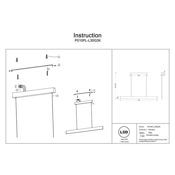 Zwisająca lampa nad stół Step P010PL-L30G3K LED 30W 3000K listwa złota