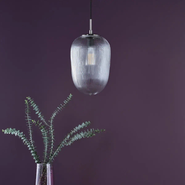 Ryflowana lampa wisząca Abrielle ABR0108 szklany owalny nikiel