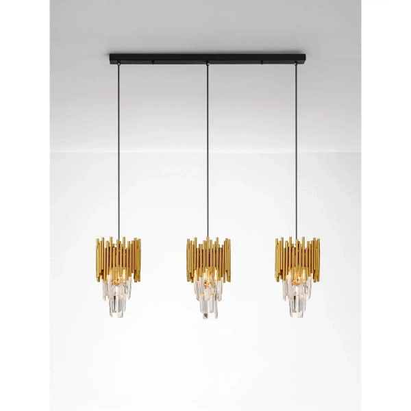 Potrójna lampa wisząca PELAVRO LE45106 crystals nad stół złota