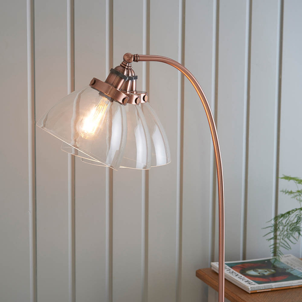 Szklana lampa podłogowa Hansen 77862 do salonu miedziany przezroczysty