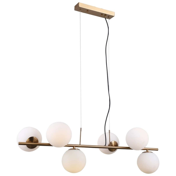 Wisząca LAMPA modernistyczna RADDI PND-5510-6-HBR Italux metalowa OPRAWA szklane kule ZWIS miodowy mosiądz białe