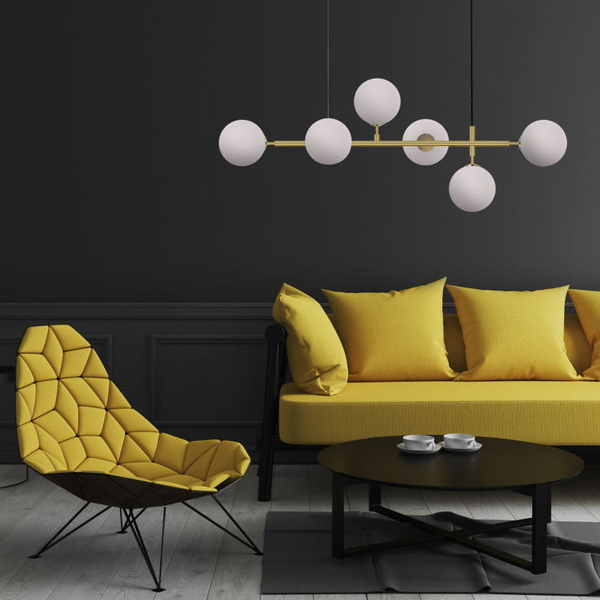 Modernistyczna lampa wisząca ALISA LP-005/6P BK/WH Light Prestige metalowa oprawa szklane kule zwis złoty biały