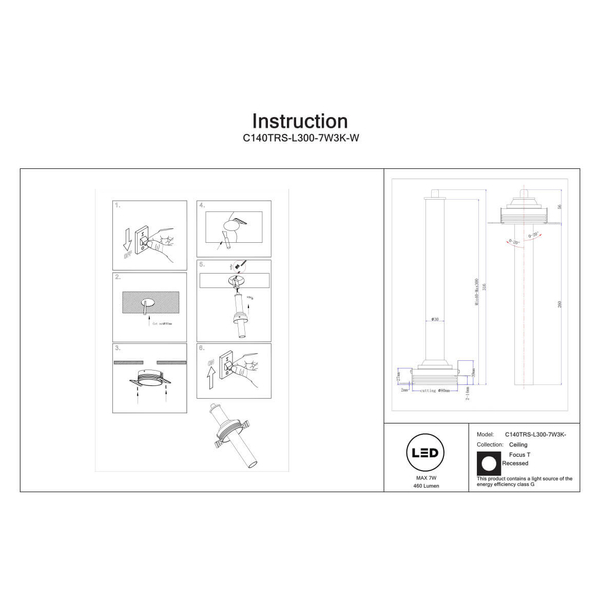 Sufitowa lampa podtynkowa Focus C140TRS-L300-7W3K-W LED 7W 3000K tuba biała