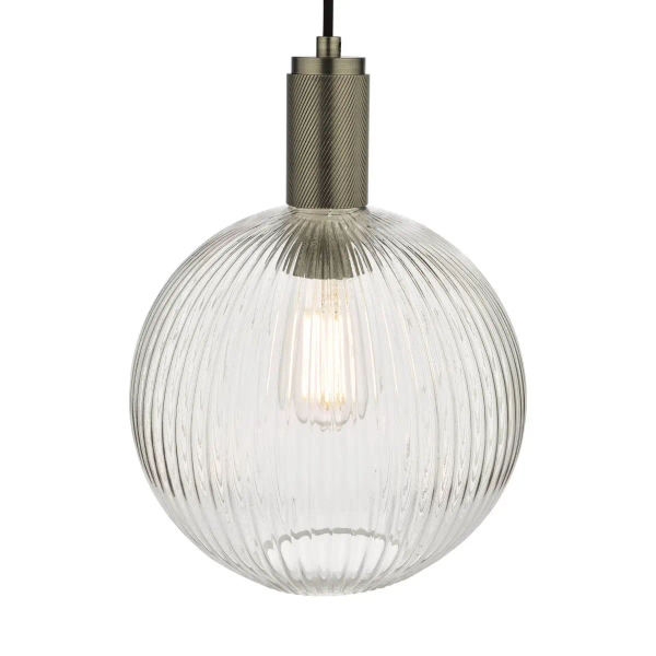 Zwisająca szklana lampa Nikolas NIK0167-E02 żebrowana kula chrom