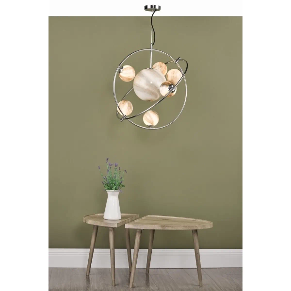 Szklana wisząca lampa Mikara MIK3450 układ słoneczny kule chrom beżowe