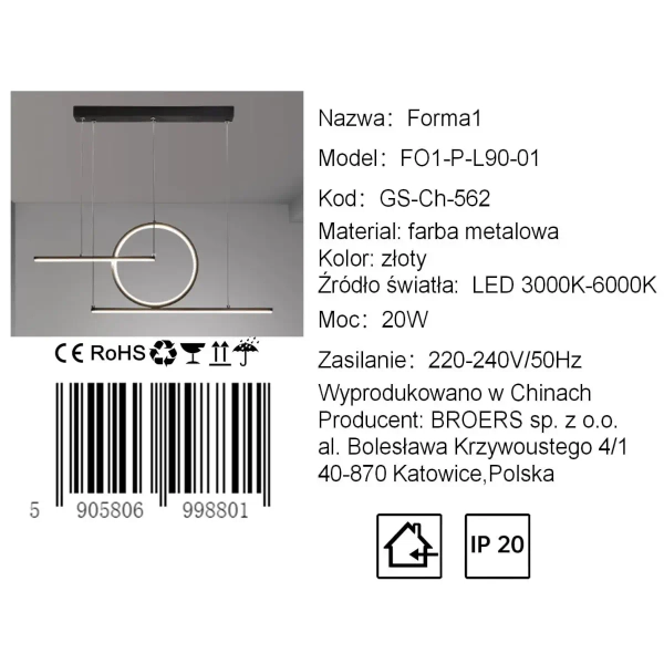 Lampa wisząca do salonu FORMA CGFORM190 LED 20W 3000-6000K czarna