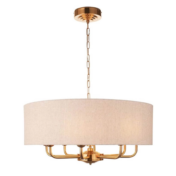 Okrągła lampa wisząca Highclere 110727 materiałowa mosiądz beżowy