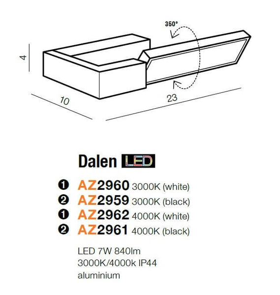Regulowana lampa ścienna Dalen LED 7W 3000K IP44 kinkiet biały