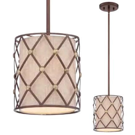 Abażurowa LAMPA wisząca QZ-BROWN-LATTICE-P-S Elstead QUOIZEL okrągła OPRAWA zwis tuba kratka beżowa mosiądz