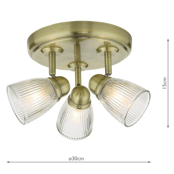 Potrójny plafon łazienkowy Cedric CED7675 żebrowany IP44 mosiądz