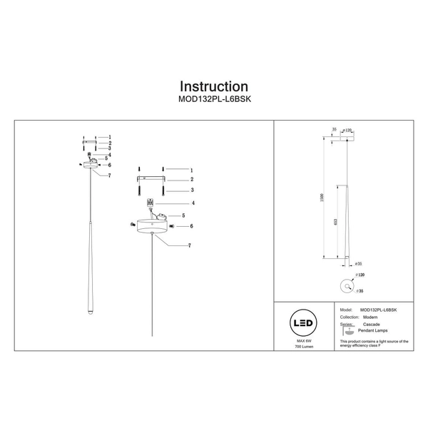 Wisząca lampa Cascade MOD132PL-L6BSK LED 6W 2500-3500K rurka mosiądz