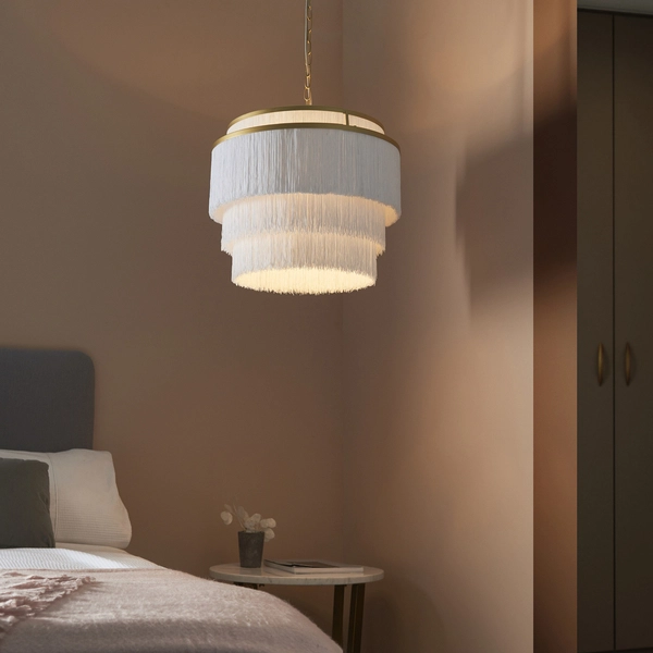Lampa wisząca glamour L&-191532 Light& frędzle białe złota