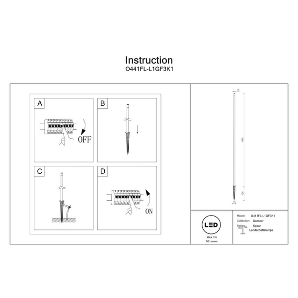 Stojąca lampa Spear O441FL-L1GF3K1 Maytoni IP65 słupek grafitowa