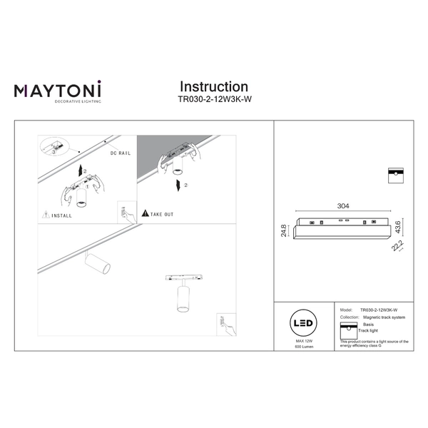 Magnetyczna lampa do szyny Basis TR030-2-12W3K-W LED 12W 3000K podłużna biała