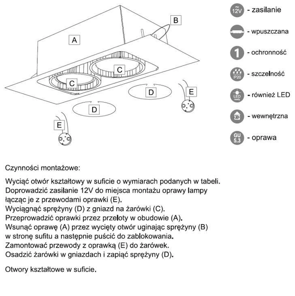 Spot LAMPA sufitowa EBINO 7315 Shilo podtynkowa OPRAWA wpust metalowy prostokątny biały