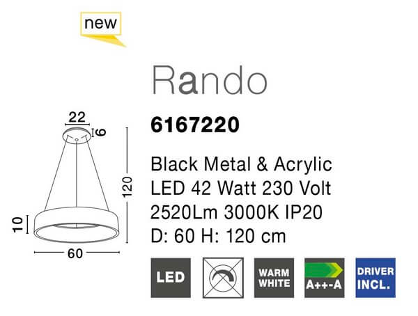 Wisząca lampa loftowa Tome Smart LED 42W 3000K pierścień czarny