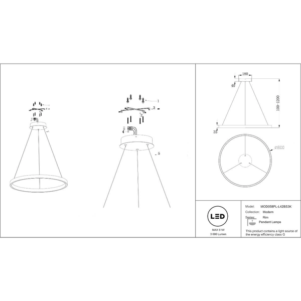 Lampa wisząca Rim MOD058PL-L42BS3K obręcz LED 51W mosiądz