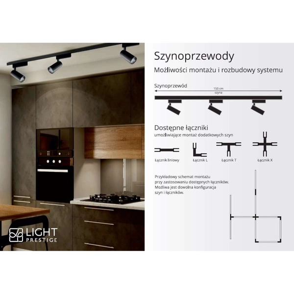 Szynoprzewód sufitowy 1,5m LP-571/150CM BK Light Prestige 1-fazowa natynkowa listwa 230V czarna