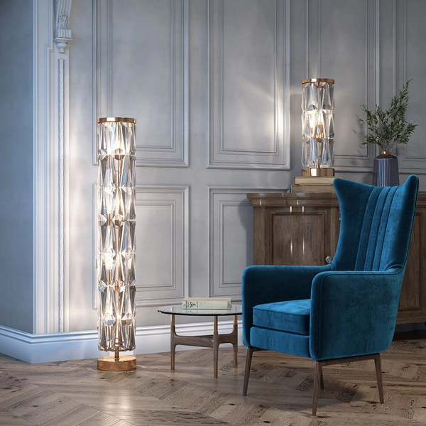 Lampa stojąca glamour Puntes MOD043FL-08G do salonu przeźroczysta złota