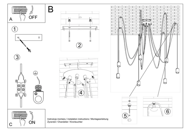 LAMPA wisząca SL.0372 industrialna OPRAWA pająk ZWIS ośmiornica przewody loft czarne