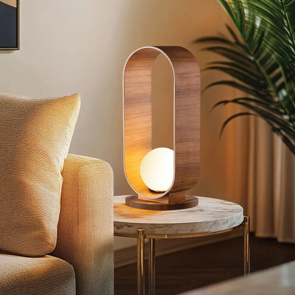 Owalna lampa stołowa Sfera QN-SFERA-TL-L-TEAK kula na komodę brązowy biały