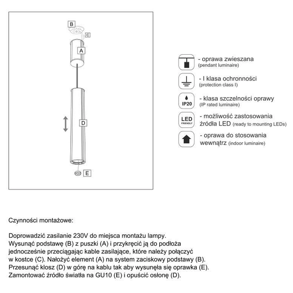 LAMPA wisząca YABU 5526 Shilo metalowa OPRAWA sopel ZWIS tuba czarna