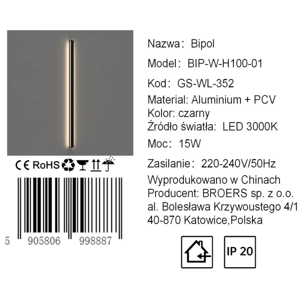 Lampa ścienna BIPOL CGBIPOL100 LED 15W 3000K do przedpokoju czarny
