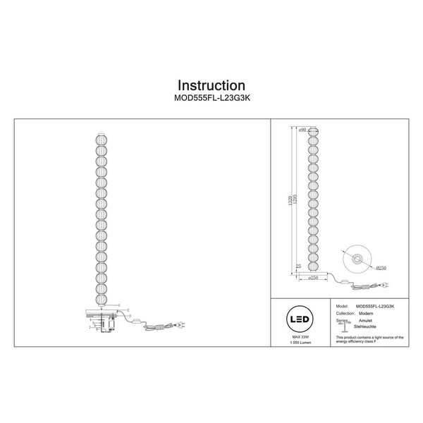 Podłogowa lampa Amulet MOD555FL-L23G3K LED 33W 3000K złoty przezroczysty