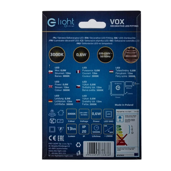 Lampa ścienna schodowa Vox EKS3836 LED 0,6W 3000K płytka srebrna biała