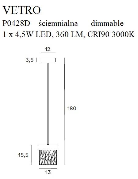 Glamour LAMPA wisząca VETRO P0428D Maxlight szklany zwis LED 4,5W 3000K nad stół złoty