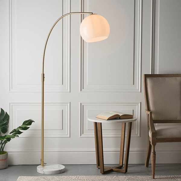 Podłogowa lampa łukowa Otto 76613 kulista do salonu mosiądz biały