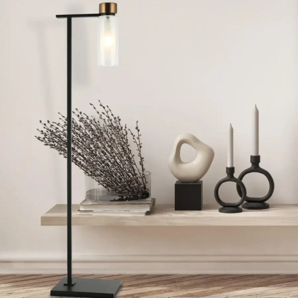 Loftowa stojąca lampa do biura 22136 szklana tubka mosiądz czarny