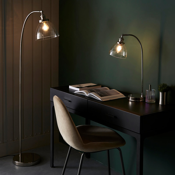 Podłogowa lampa łukowa Hansen 97591 szklana nikiel przezroczysta
