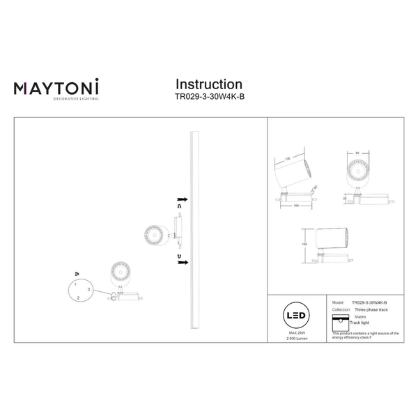 Szynowa trójfazowy sufitowy Vuoro TR029-3-30W4K-B LED 26W 4000K ścieżka świetlna czarny