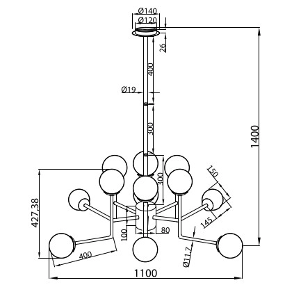 Modernistyczny zwis ERICH MOD221PL-12G Maytoni molekuły szklane kule białe mosiądz