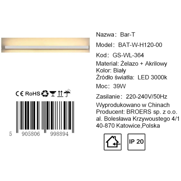 Podłużny kinkiet ścienny BAR T CGBART120WH LED 39W 3000K czarny