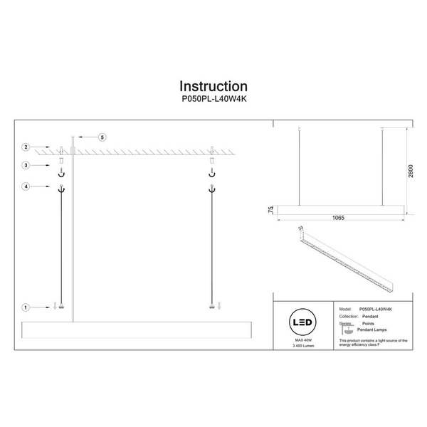 Wisząca lampa nad stół Points P050PL-L40W4K LED 40W 4000K listwa biała