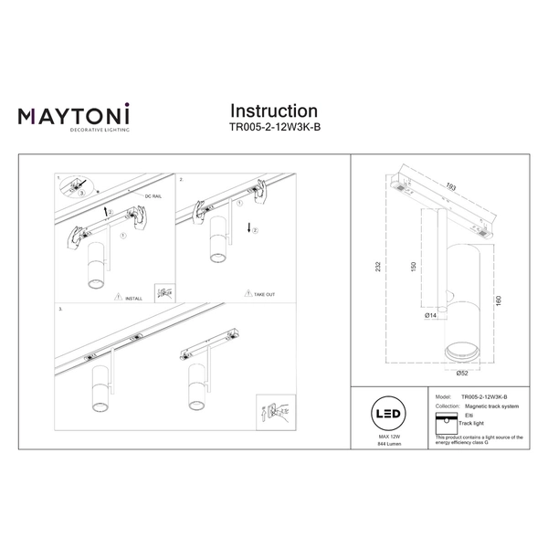 Lampa do szyny magnetycznej Elti TR005-2-12W3K-BW LED 12W 3000K tuba biała czarna